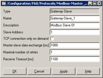 Modbus Application Step2: Configuring the gateway slave in the Master 01: Select Modbus Gateway->New->Gateway Slave. Open the dialog box Properties, by selecting Gateway Slave- >Properties.