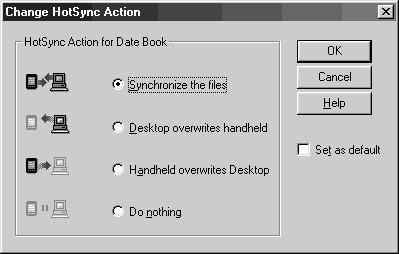 Customizing HotSync application settings (Conduit) 4 Click Change. The Change HotSync Action dialog box is displayed.