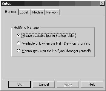 Performing an IR HotSync operation 2 Click the HotSync icon in the Windows task tray once again and select Setup from the shortcut menu. The Setup dialog box is displayed. 3 Click the Local tab.