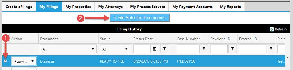Once the filing has been identified, select the Action drop down list and choose to either Amend or Dismiss the filing. a. For Amendments, a web entry form will appear containing all the current fields and data specified for the original filing.