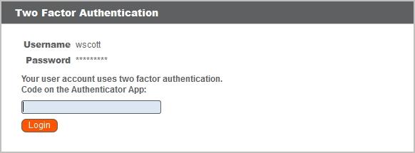 Log in Using Two-Factor Authentication Log into the administrative interface Enter your username and password. When prompted, enter the code from your authenticator app and click Login.