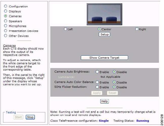 Setting Up the Cameras Step 7 Click Start to start the camera test. Figure 4-16 Camera Target Menu Step 8 Automatically ad