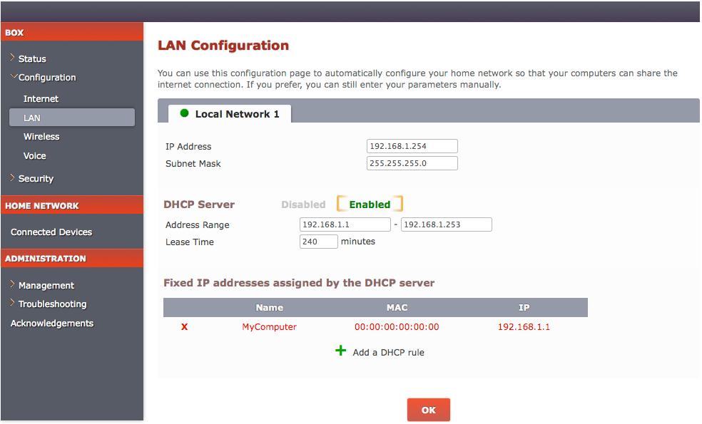 Edit the default name of the LAN client, its MAC address, and the IP address you want to reserve for it. Click OK to confirm. Configuring your wireless network Your gateway supports WiFi standard 802.