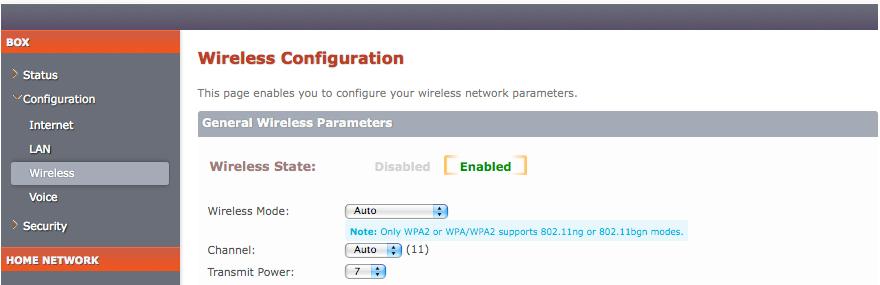 On the Wireless Configuration page that shows up, use the Wireless Mode drop-down list to change your WiFi mode: 802.11b: to connect with 802.11b devices only. 802.11g: to connect with 802.