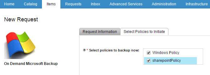 Figure 19. On Demand Microsoft Backup: Request parameters 4. Click Submit. The requester can view the status of the request on the Requests tab in vrealize Automation, as shown in Figure 20.