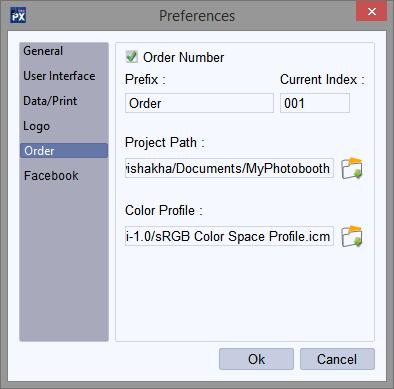 Figure 3:6: Preferences window Order tab Project Path option Prefix and Current Index option Color Profile option Designs in Photobooth Xpress can be shared on Facebook.