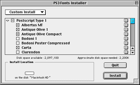 3. Select font to add. Select Custom Install to check the fonts to add and click Install. If Easy Install is selected, all fonts will be installed.