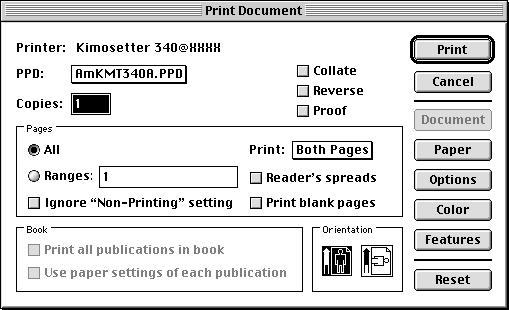 Chapter 3. Printing To print from PageMaker6. 5 1. Create data with the PageMaker6.5. 2. Set Kimosetter 340 RIP 2.0. Check the settings for each tab.
