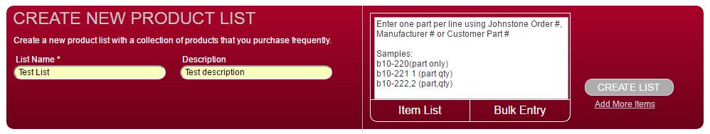 This can be entered using Item List entry as seen above or using Bulk Entry as seen below.
