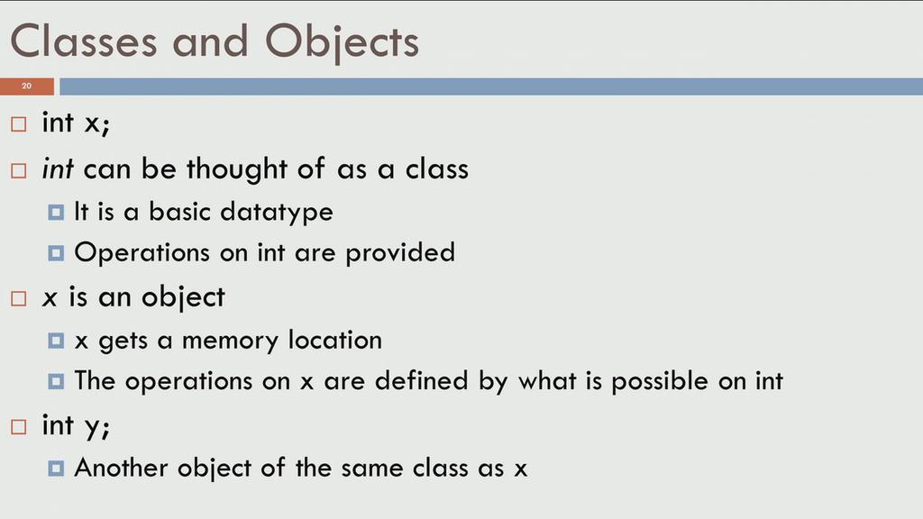 assume anything like that. So, I am going to assume that you don't know what classes and objects are. Lets start with this basic declaration called int x.