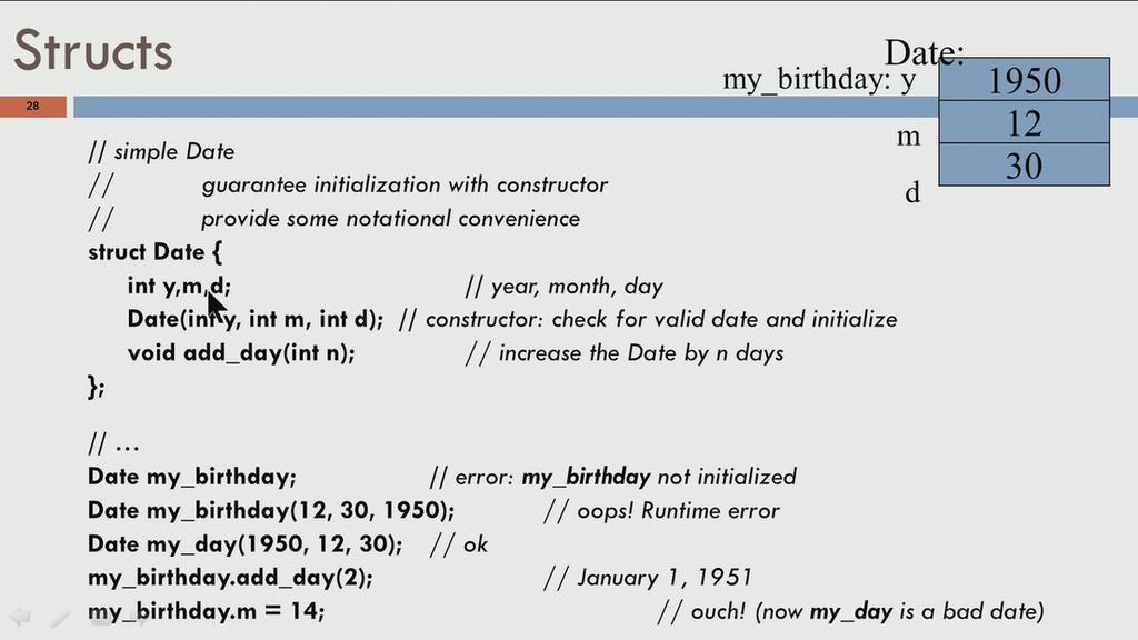 (Refer Slide Time: 11:30) So, Lets see a small example which explain this in a little more detail. Lets say I have a struct called Date which has year, month and day and I have Date my_birthday.