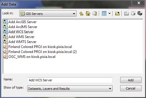 3. Select GIS Servers from the Look in: drop-down list. 4. Select Add WCS Server and click Add.