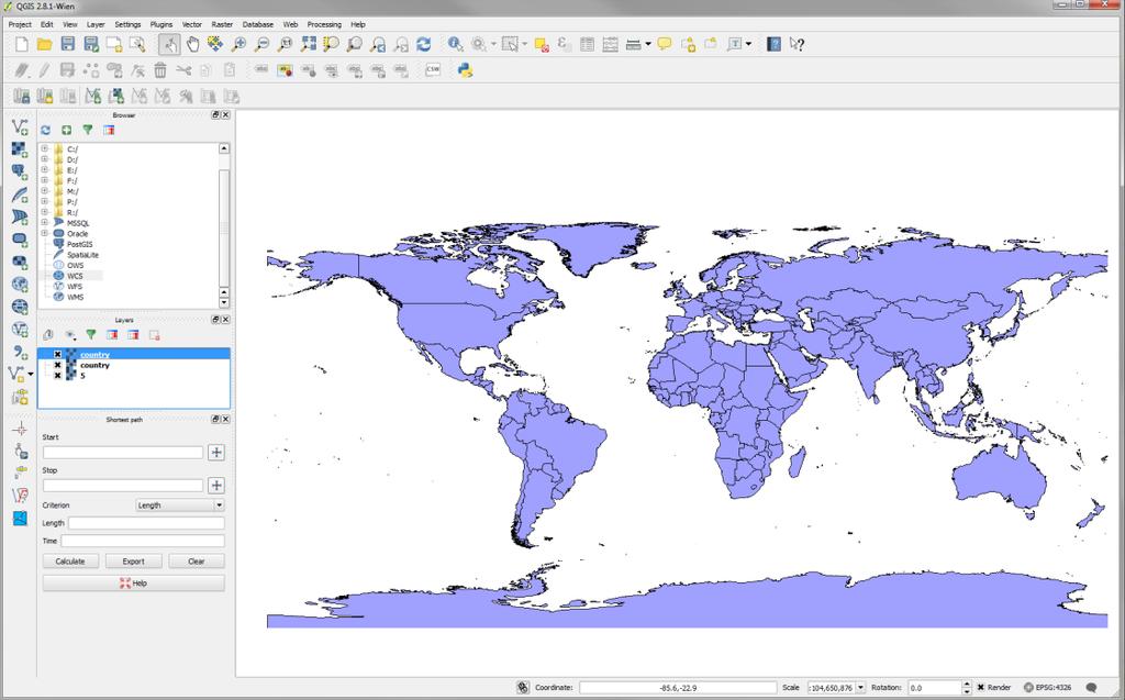 10. The world30 layer is added as a QGIS layer Figure 84: Close the Add Layer from a WCS Server 11. Repeat the above steps to add as many layers as desired.