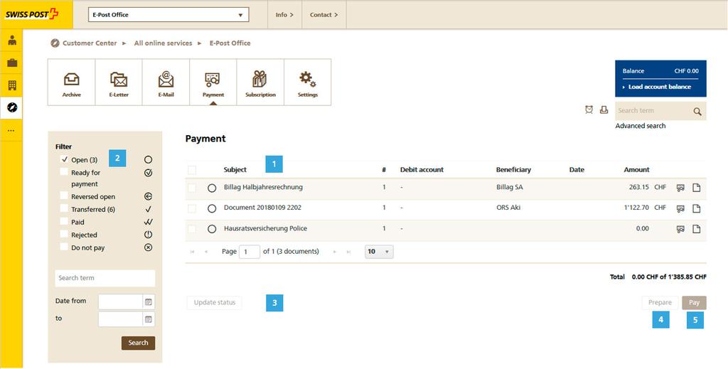 3.4 Payment In the payment sub-area, you can view and manage all your payments in the payment list. Payments can also be made with the E-Post Office App. See also section 3.2.