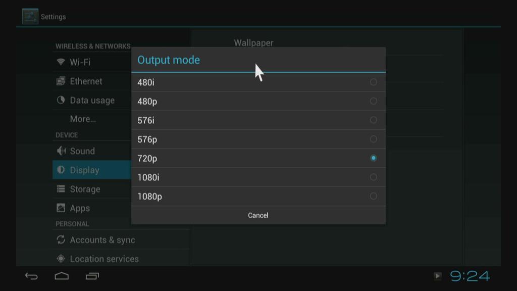 Output mode The default resolution Is 720P Display position Use direction and Enter/Ok buttons on