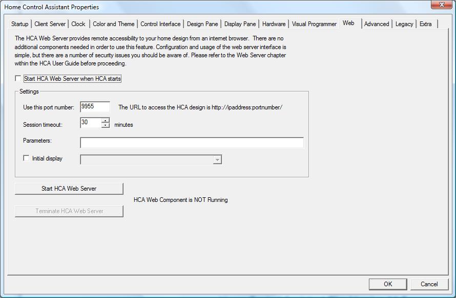 Chapter 3 HCA Properties Web The web tab is for configuration and setup of the HCA web server. This dialog and the parameters it contains are described in the Web Server chapter.
