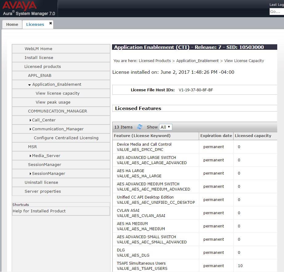 Select Licensed products APPL_ENAB Application_Enablement in the left pane, to display the Application Enablement (CTI) screen in the right pane.