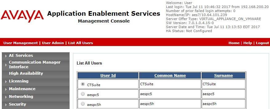 6.3. Obtain CT Suite User Credentials Select User Management User Admin List All Users (not shown) from the left pane, to display the List All Users screen in the right pane.
