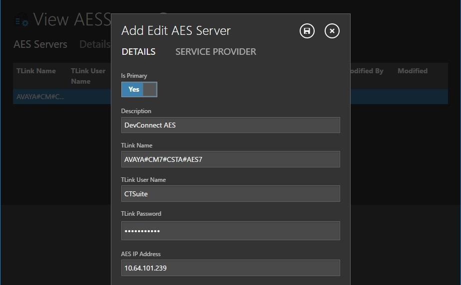 The Add Edit AES Server screen is displayed. Enter the following values for specified fields, and retain the default values for the remaining fields.