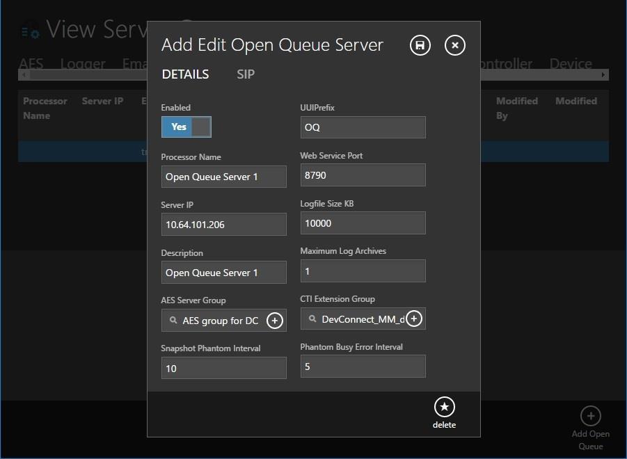 The Add Edit Open Queue Server screen is displayed. Enter the following values for specified fields, and retain the default values for the remaining fields. Processor Name: A descriptive name.