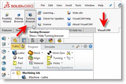 14 Method 2: Select the Turning Browser button from the VisualCAM 2018 tab of the SolidWorks Command Manager.
