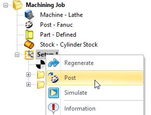 Select Setup 1 from the Machining Browser, right-click and select Post. 2. This will post-process all operations created under Setup 1.