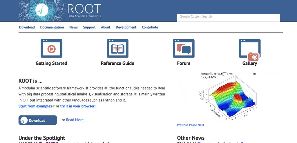 ROOT ROOT is a software toolkit which provides building blocks for: Data processing Data analysis Data visualisation Data storage ROOT is written mainly in C++ (C++11 standard) Bindings for Python