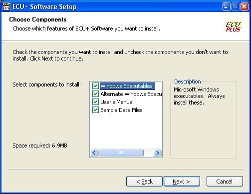 Illustration 6 - The first installation screen If you have an Evolution VIII or IX, and plan to use the ECU+ alongside the EcuFlash tool, be sure to install the Alternate Windows Executables.