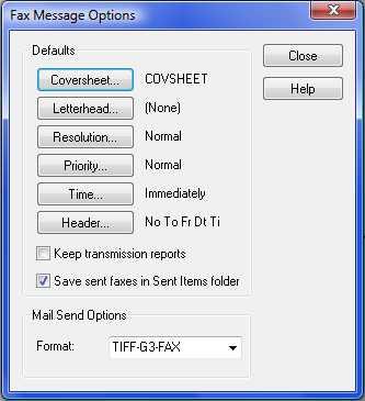 104 Fax Message Displays the Fax Message Options dialog box shown hereto allow you to specify default settings for new messages.
