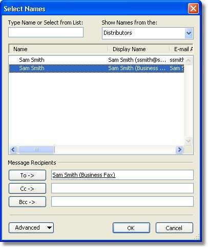 255 Outlook lists the names from your database and their address type. Select an entry of type Business Fax and click To->.