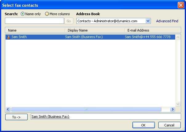 263 Outlook lists the names from your database and their address types. Select the name you require from the list and click the To-> button and click OK.