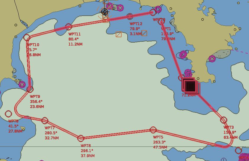 8. CHART ALERTS 8.4 Route Monitoring When the ship enters a check area specified as a caution alert, a visual alert is generated. Neither the object in the area or the route is highlighted.