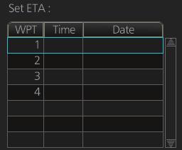 9. ROUTES 3) For [Time table], the [Set ETA] window appears. Set the ETA to use for each waypoint. To enter the Time and Date, click the [Date] window to show the [Set date] window.