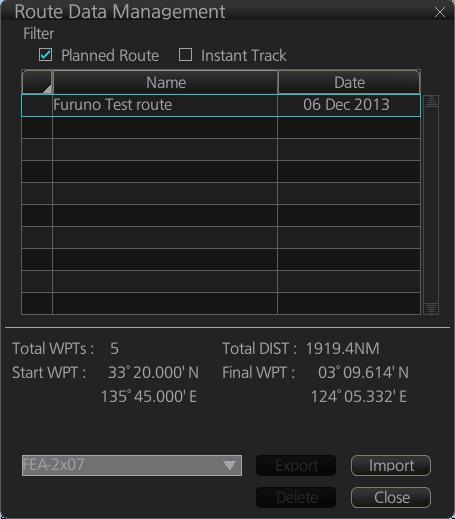 9. ROUTES 9.8.3 How to import csv, ASCII format route data 1. Set the USB flash drive to the USB port on the PCU. 2. Activate the Voyage planning mode. 3.