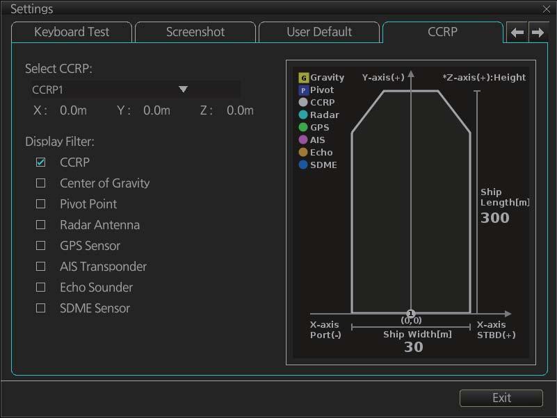 22. SETTINGS MENU 22.11 CCRP The [CCRP] page provides for selection of CCRP (Consistent Common Reference Point) and shows the location of various sensors. No.