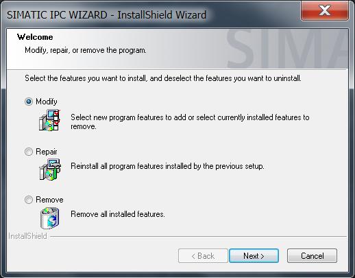 Changing, repairing, or uninstalling the IPC Wizard 4 software Procedure 1. Open the "InstallShield Wizard" dialog via the "IPC Wizard" desktop icon.