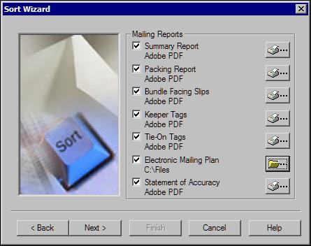 P OSTALS AVER TAB AND PRESORTATION DISCOUNTS 35 Sort Wizard Mailing Reports Screen On the Sort Wizard mailing reports screen, you select the reports and labels to print for your mailing.