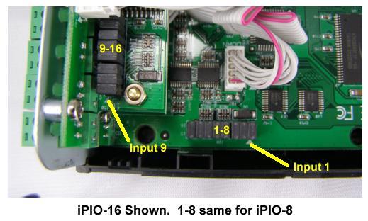 ipio-8 and ipio-16 Open the ipio by removing the screws on the underside of the ipio-8 and 16. There are eight jumpers representing inputs 1-8 on the ipio-8 and ipio-16.