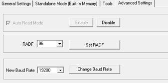 Figure 10 S125 Configuration Misc Commands In Advanced Settings tab, read can be disabled (not recommended), antenna driving frequency (RADF) can be changed for optimum read range.