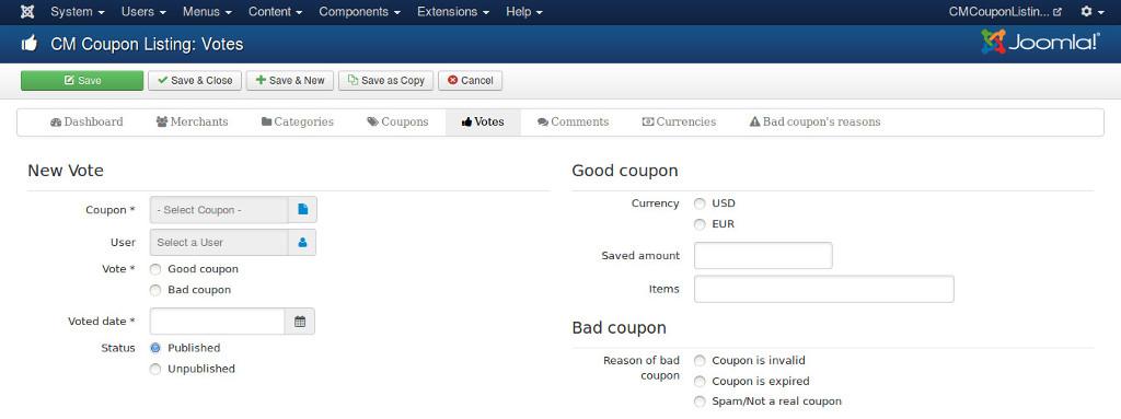 Currency: The currency that user uses to pay for product/service with the coupon. Only used if the vote is good. Saved amount: The amount that user saves by using this coupon.