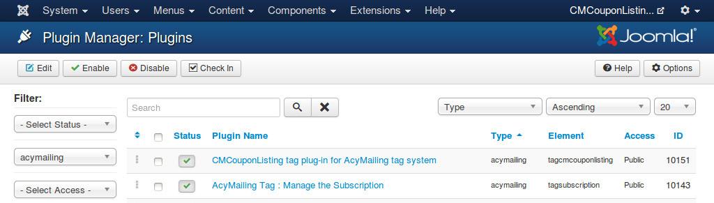 CHAPTER 12 tagcmcouponlisting plugin This plugin is only used if you want to integrate with ACYMailing component to send coupon newsletter to your subscribers.