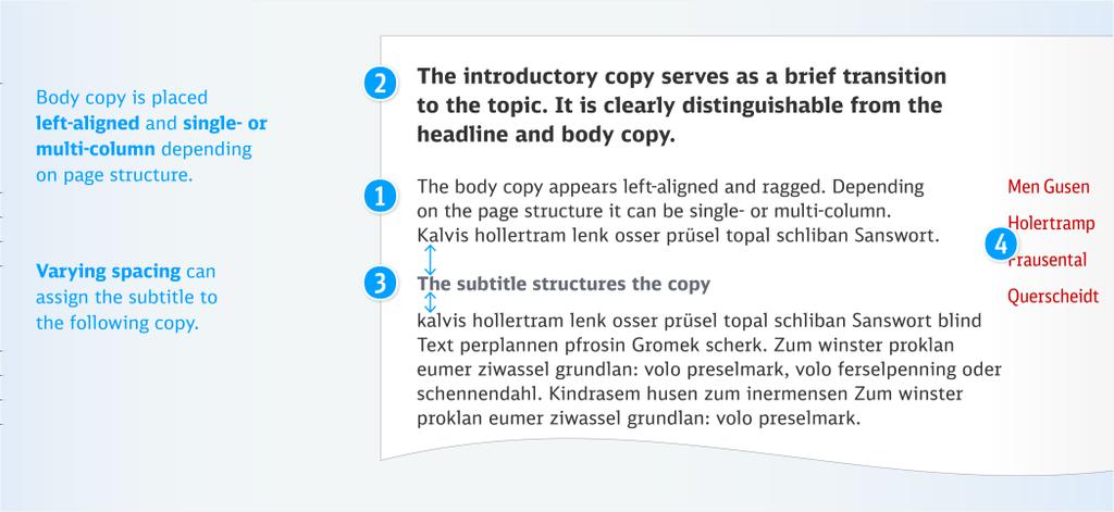 Body copy, introductory copy and subtitles Body copy (1) appears left-aligned and ragged. Depending on the page structure it can be single- or multicolumn.