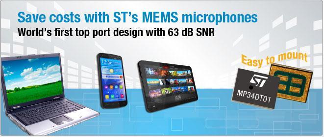 MicroPhone ST MEMS Microphones: key specs MP 45 D T 02 2 nd Generation Package Size Output Hole config 33 Part number Top / Bottom port Package (mm3) Analog / Digital Voltage (V) SNR (DB) Sensitivity