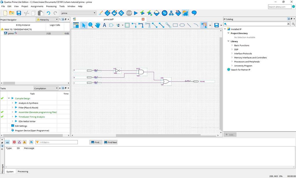 1. Start Quartus and open your completed DE10-Lite design project. a. Use File Open Project and browse to your schematic tutorial directory. b. Choose the prime QPF file.
