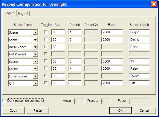 possible to configure a button to toggle between two presets by selecting the toggle tick box; otherwise the button will always have one preset function. Each button must have an area number defined.