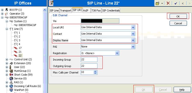Select Use Internal Data for the Local URI, Contact, and Display Name fields. Enter a unique number for the Incoming Group and Outgoing Group fields.