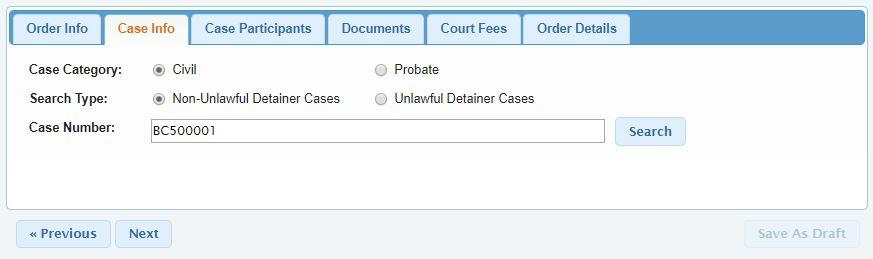 On the Case Info tab, select the appropriate Case Category and Search Type and enter your case number