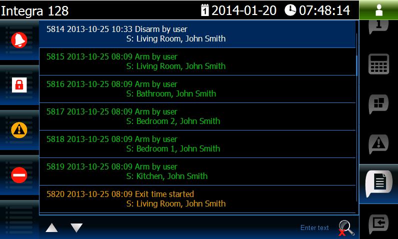 20 INT-TSI SATEL 4.2.2 Tab containing i.a. the event list presentation widget tap to display the alarms logged to event log. tap to display the events of arming / disarming and alarm clearing type.
