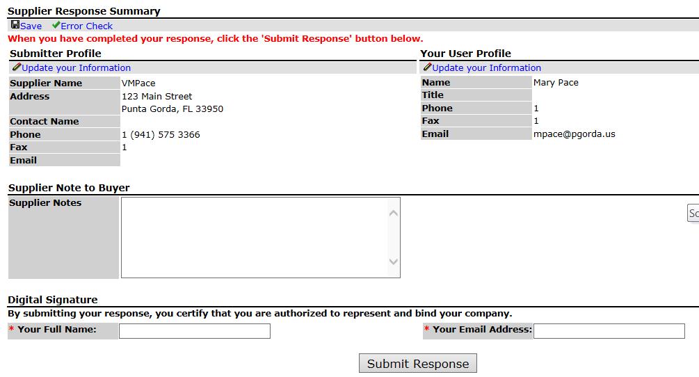 Solicitation Main Screen Response Submission Tab This is the final tab in your response.