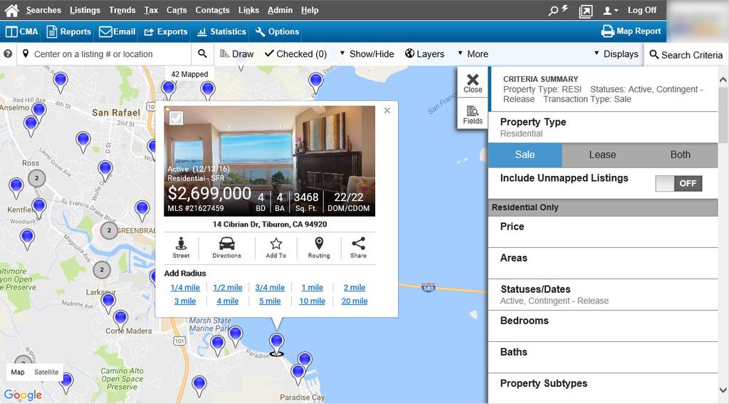 Map Location Search: Search for an address, location, or listing number using the integrated location search in the map toolbar.